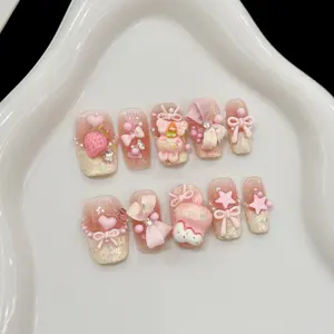 10pcs Handmade Square Short Nails, Glossy Cartoon Design, Detachable Wearable Armor, Perfect for Women, Single Item Pack