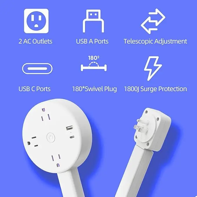 180° Rotating Outlet Extender Stick, Extendable 17"-27" | 2 AC Outlets + USB-A & USB-C Ports | Plug Extender for Hard-to-Reach Outlets Behind Couches, Desks & Beds (Round)