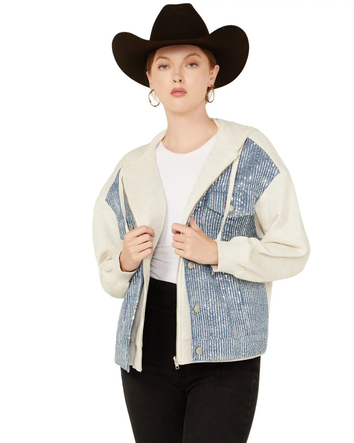 Miss Me Women's Women'S Denim Sequins Zip-Up Hoodie - Mj0553l