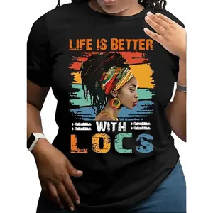Women's Fitted Round Neck Shortsleeve Tshirt - Classic Fit, Vibrant "Life is Better with Locs" All-Over Print, Breathable Polyester Lady's Sports Top, Machine-Washable, Ideal for Spring & Summer