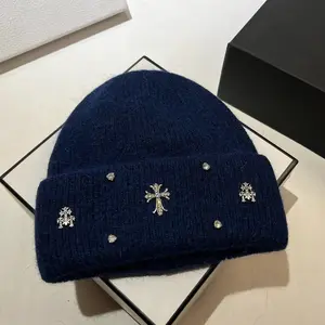 Fashion cross light luxury enlarged and lengthened colored rhinestones artificial 100% plush knitted hat winter outdoor warm soft wax plush earmuffs Easy Maintenance