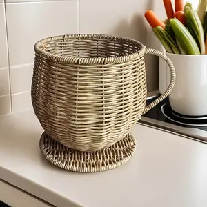 Handmade Imitation Rattan Coffee Storage Cup Home Creative Storage Basket Egg Storage Basket Handmade Woven Crafts Milk Tea Cup Sleeve, Shelf Baskets