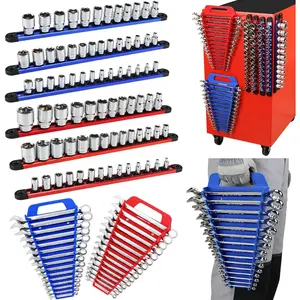 8-  Socket and Wrench Organizer Set, Metric & SAE, 1/4", 3/8", 1/2" Drive Socket Rail, 24-Slots Wrench Holder with Non-Slip Handle for Toolbox Drawer Storage (Socket Wrench not Included)