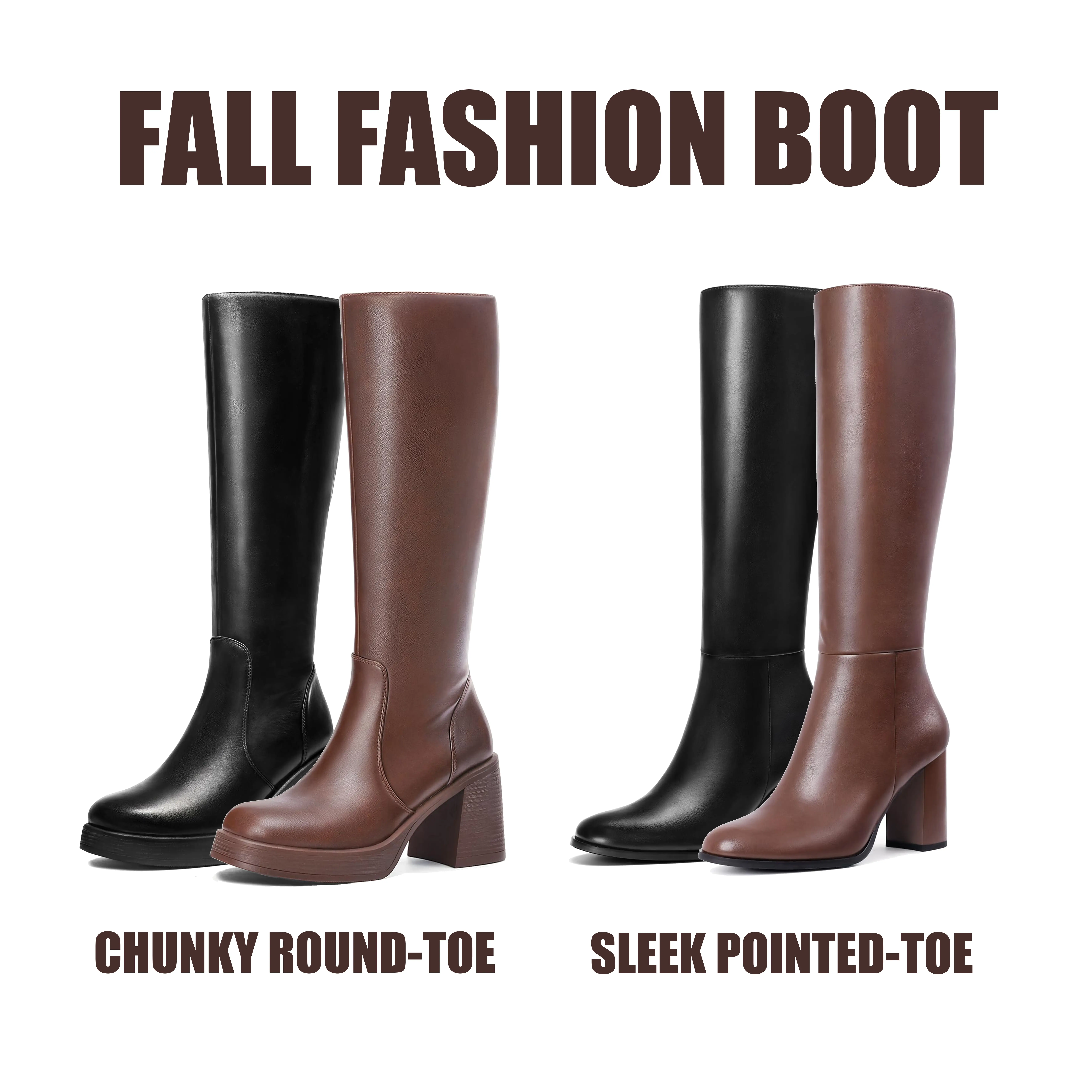 Women's Wide Calf Knee High Boots - Square Toe PU Leather Platform Shoes with Chunky Block Heels, Platform Support, Side Zip Fast On, Comfortable Heels, Statement Shoes, Women's Shoes