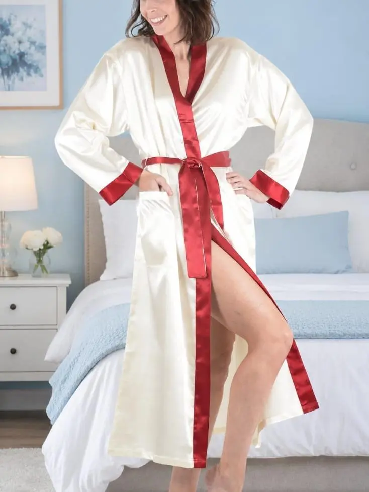 Up2date Fashion Lady's Long Sleeve Satin Loungewear Nightwear Gown (Style-Gwn14) - Black, Sizes S-XL, Machine Washable, Removable Belt, Front Pockets, Gowns, Adjustable Lightweight Womenswear Elegant Robe, Loose, Robe For Women, Long Bathrobes & Dressing