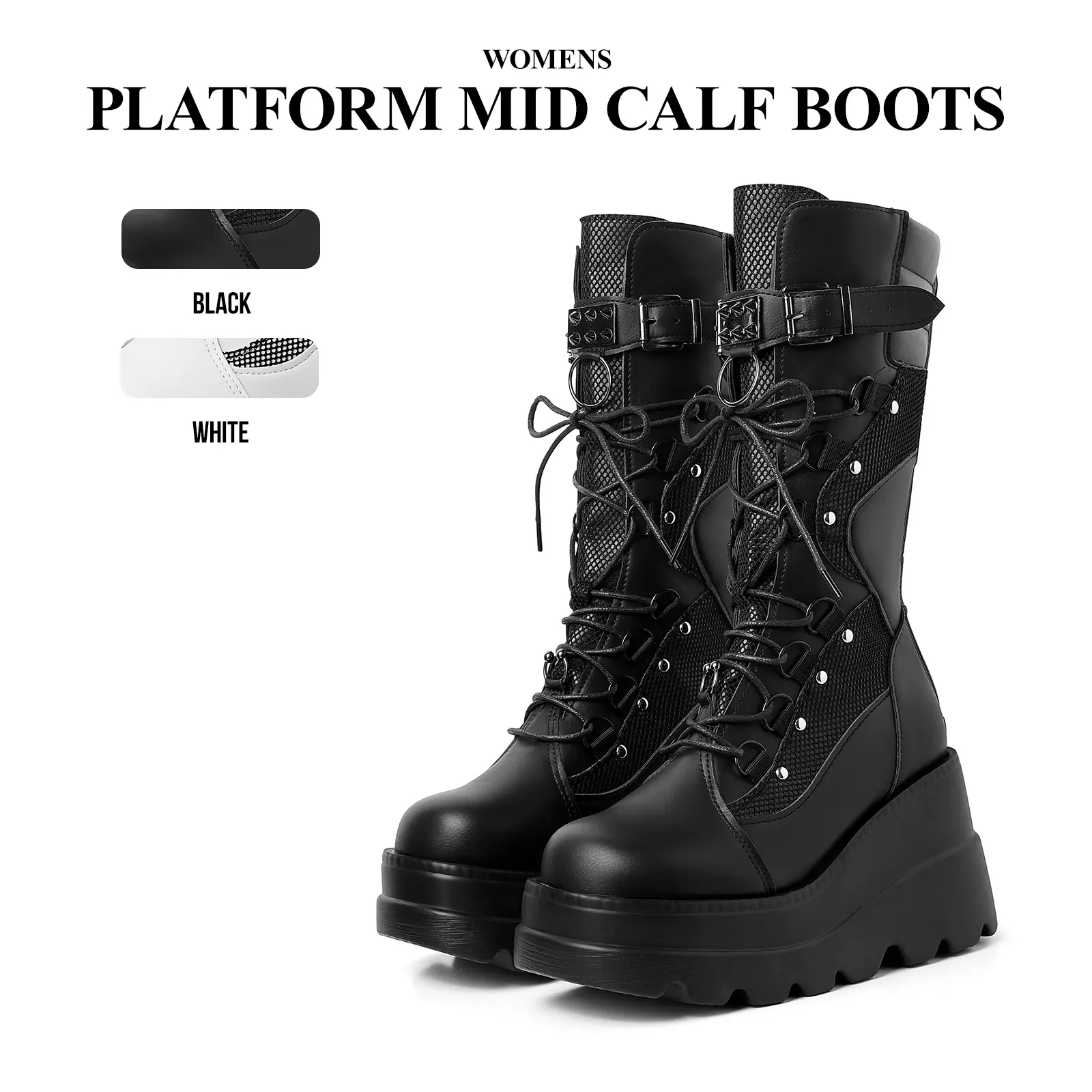 CYNLLIO Womens Goth Platform Mid Calf Boots Chunky High Heel Round Toe Wedge Boot Zipper Closure Lace Up Outing Concert Holiday Dress Summer Motorcycle Rave Combat Boot