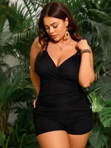 Black Plus Size One Piece Swimsuit - Crisscross Back - Ruched Front - High Waist Bottom - Deep V Neck - Adjustable Straps
