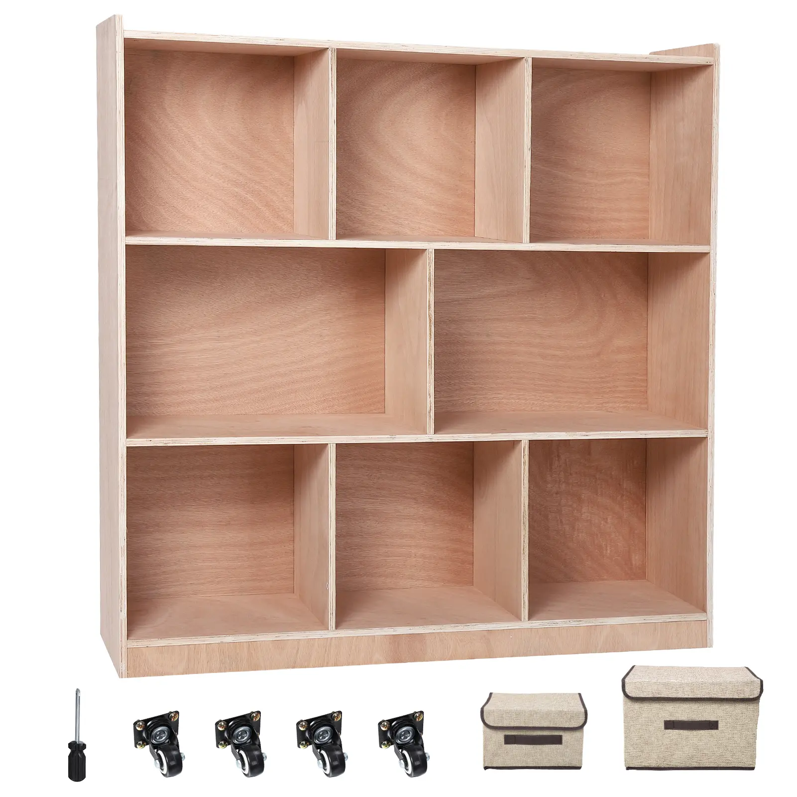 8-Section Mobile Entryway Storage Cabinet, 8 Cubbies for Classrooms, Daycare Cubby with 4 casters, 2 Storage Boxes for Home, School