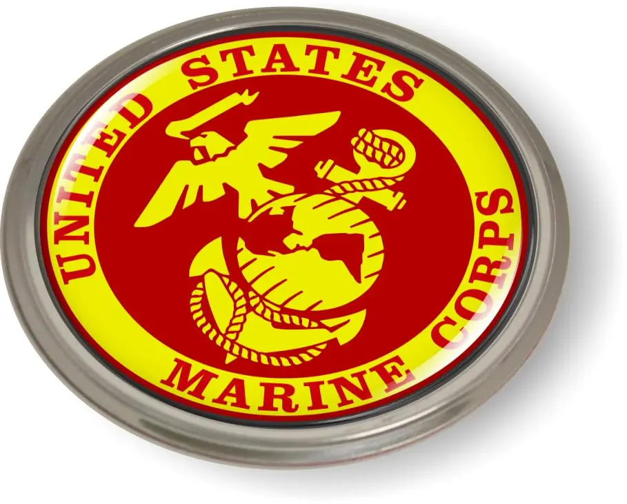 [Officially Licensed USMC Product] - USMC Logo Aluminum 3D Domed Resin Car Emblem Badge Sticker, Round, 3" OD, 1/8" Thick, Red & Yellow, Light-Weight, High-Resolution Digital Printing, 3M Automotive-Grade Adhesive Foam, Custom Promotional Accessory