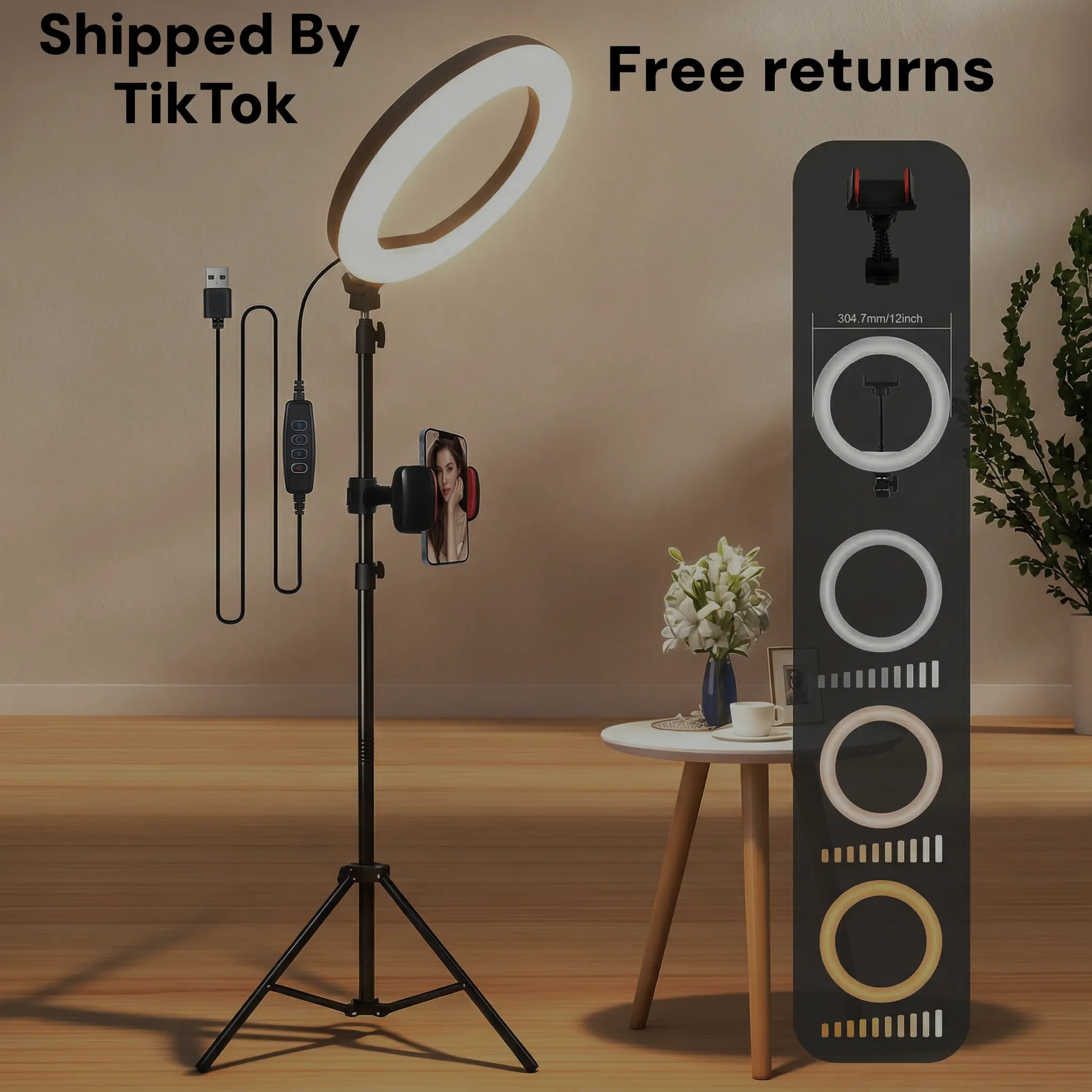 Portable Selfie Light with 12-Inch Panel, 63-Inch Extendable Tripod Stand, Soft Brightness Adjustment, Warm White Light, Cellphone Mount for Content Creators’ Portrait Photography, Makeup Tutorials, Facebook Content