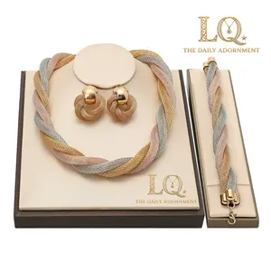 LQ Complete 3-Piece Women's Jewelry Set - Tri-Tone Gold Silver Rose Gold Twisted Mesh Necklace Set - Chunky Woven Statement Accessories - Perfect Gift for Valentine's Day, Mother's Day, Birthday & Party