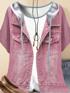 Women's Plus Size Synthetic Denim Tee, Casual Short Sleeve T-Shirt Top with Jean Print, Perfect for Spring Summer Fall