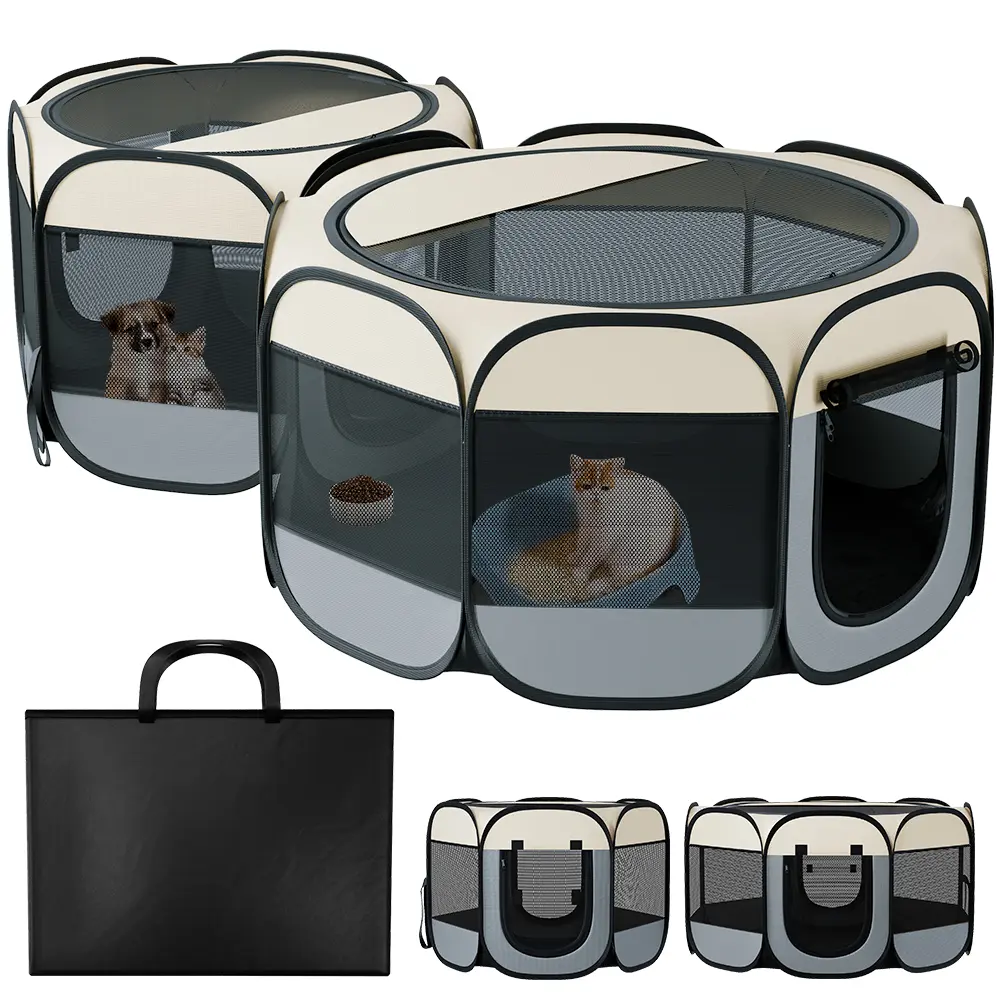 DOMIPET 2 IN1 Dog Cat Playpen, Puppy Pet Playpen Indoor for Small Dogs Tent Crates Cage Outdoor, Portable Pop Up Dog Kennel Playpen, Cat Cage Houses , 2-Room Foldable Dog Playpen, with Carrying Case for Dogs/Cats/Rabbits, Removable Zipper Top