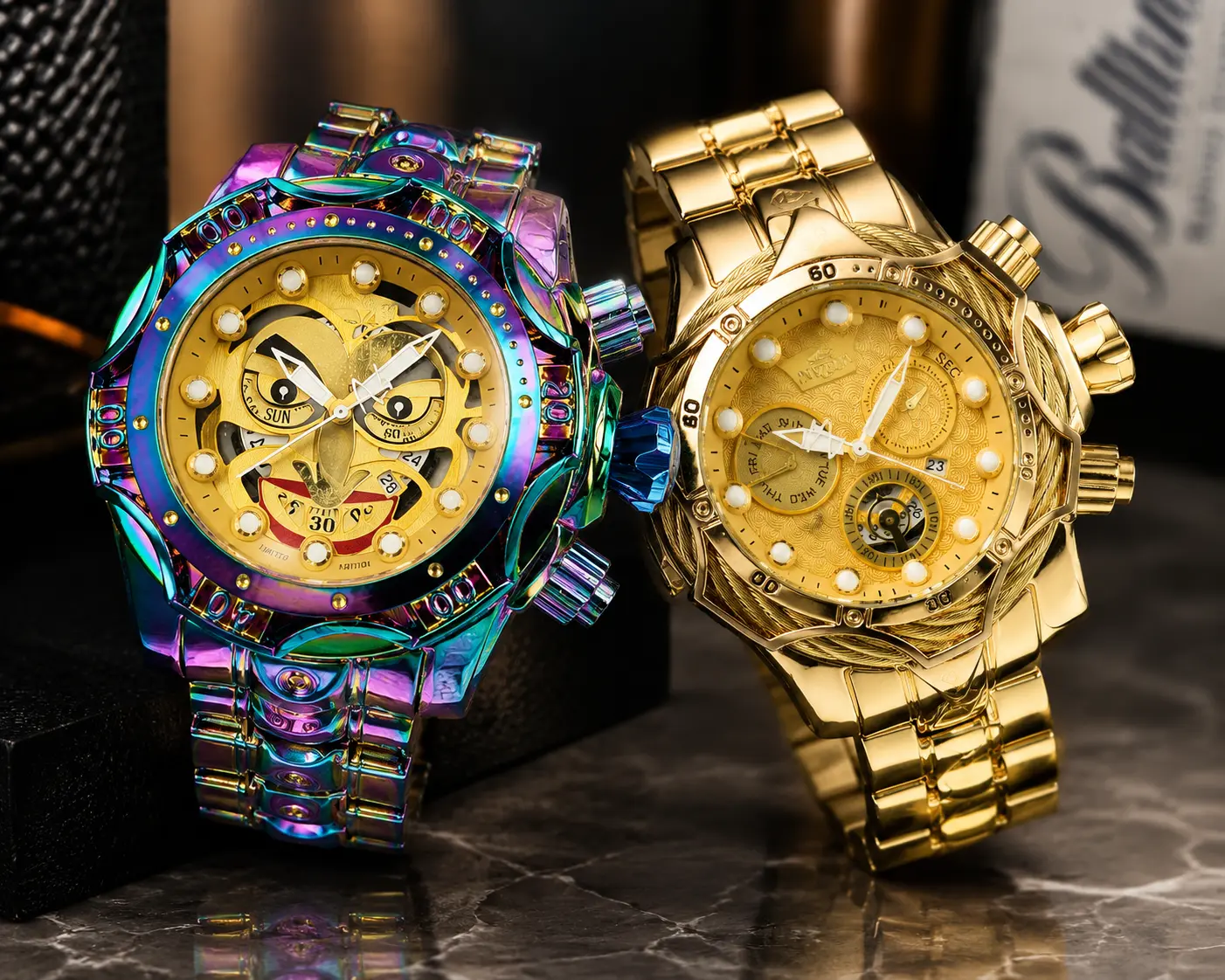 Luxury Oversized Men's Quartz Wristwatch - Stainless Steel Fashion Watch with Decorative Multi-Dial Design, Gold and Rainbow Color Options