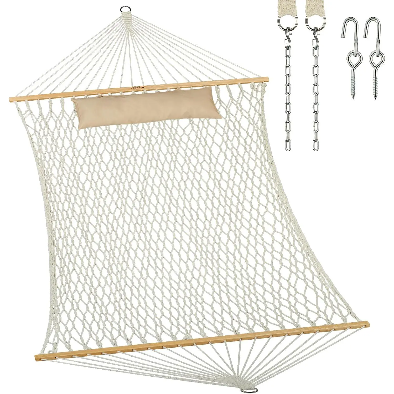 Traditional Rope Double Hammock - Hand Woven Cotton Hammock with Hardwood Spreader Bar and Pillow 450lb Capacity 2 Person Hammock for Outdoor Indoor Patio Yard - Natural