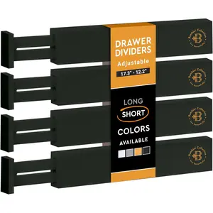 4-Pack Bamboo Drawer Dividers - 12.2 to 17.3 Inches Deep, 2.6 Inches High, Adjustable Expandable Drawer Organizer Dresser Separator for Clothes, Utensils, Kitchen, Bathroom, Office Storage, Black