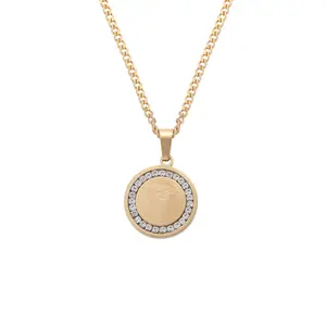 European and American Style Jewelry Personalized Men's Inlaid Zircon Round Pendant Necklace Medical Symbol Staff of Asclepius Stainless Steel Pendant