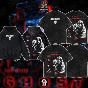 [Shibuya] Ghost COD Double Printed Oversize Lightweight Acid Washed Tee Game Graphic T-Shirt for Men Casual Day Wear Cotton Fabric - Jeans Vintage Gaming Retro Black Tee Oversized Heavyweight Cotton T-Shirts Love Menswear