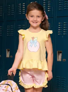 Apple Bow Gingham Embroidered Ruffle Outfit