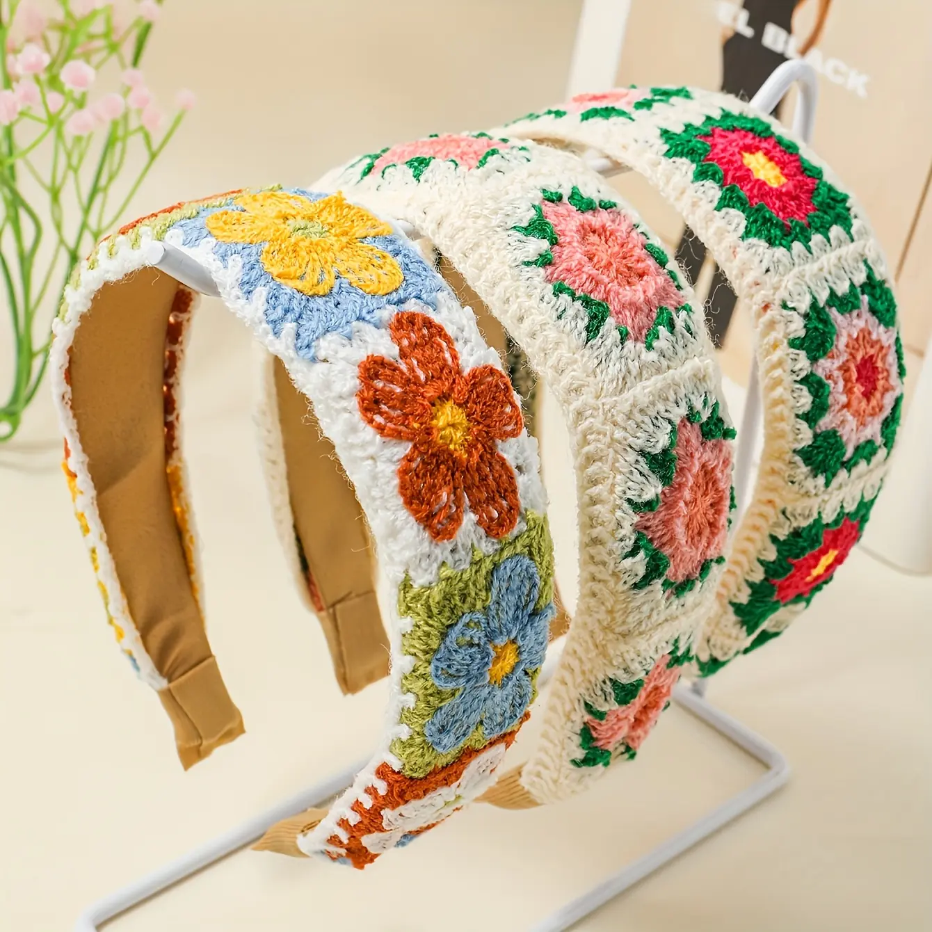 3pcs Boho Chic Crochet Flower Embroidered Headbands Set - Wide, Colorful Hair Bands for Women & Girls, Perfect for Everyday Fashion
