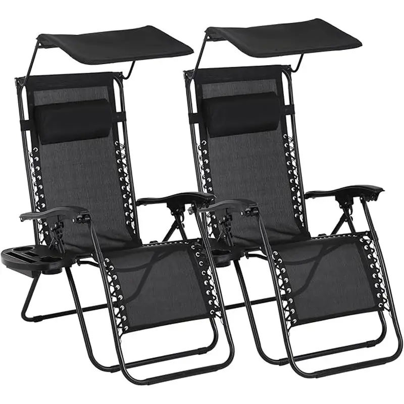 Patio Folding Chair Adjustable Steel Mesh Zero Gravity Lounge Chair Recliners Folding Canopy Shade and Cup Holder for Outdoor&Indoor