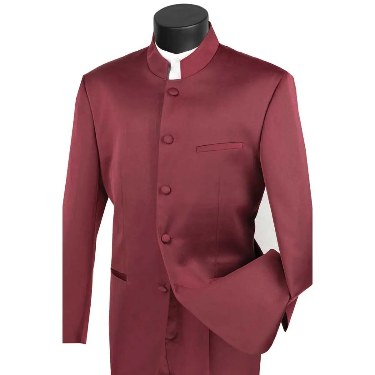 Mens Five Button Mandarin Banded Tuxedo in Burgundy