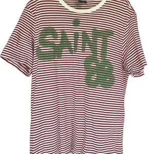 SpraySAINT Tee - Red and White Striped Shirt with Green "SAINT" Text Design Top Tshirt Crewneck Streetwear Summer Shortsleeve