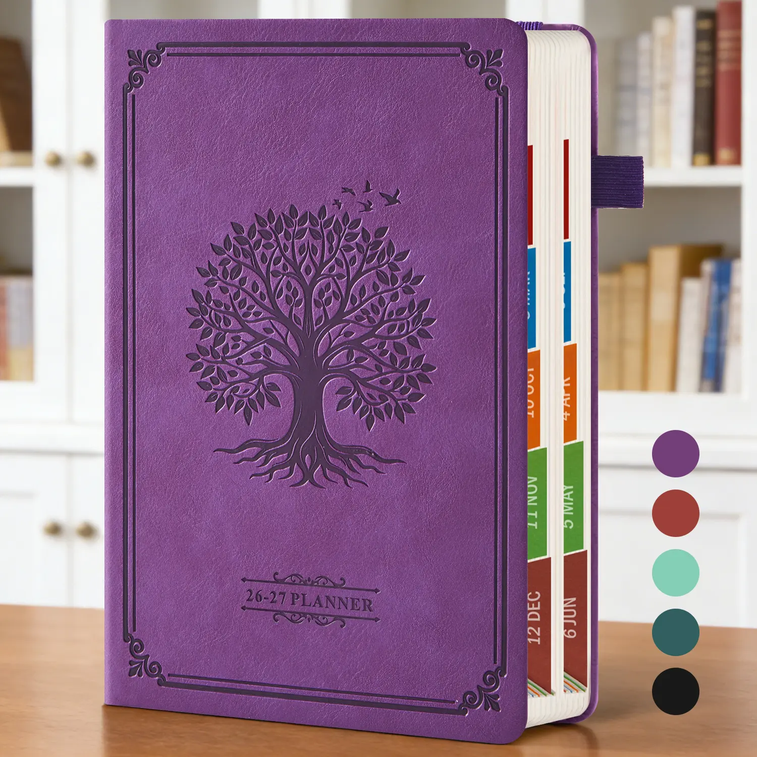 2026-2027 Academic Planner (July 2026-June 2027) - Compact 8.4x5.7in Tree Print Leather Cover Organiser, Easy to Carry, with Daily-Monthly Schedules, Hourly Schedule, Monthly Tabs, 4 Planning Stickers, Office Supplies for Students