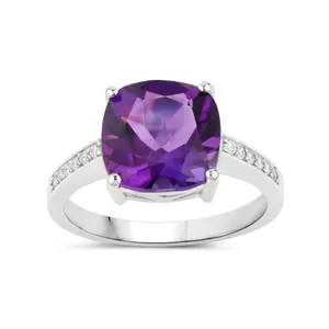 Natural Amethyst and Lab Diamond Cushion Cut Ring