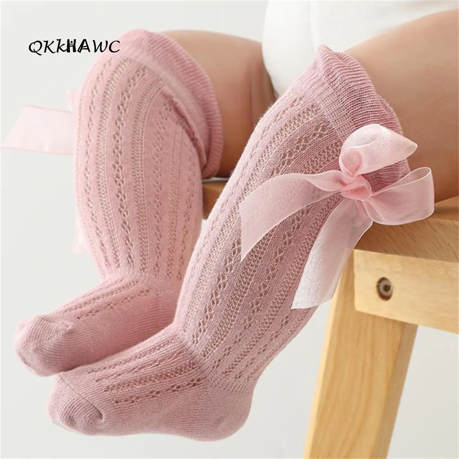 Infant Baby Girls Long Stockings Princess Solid Color Cute Bowknot Breathable Loose Mouth Socks Over-The-Knee Socks