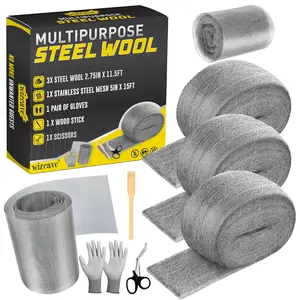 Steel Wool Mice Control - 3 Pack 2.75 in x 11.5 Ft Steel Wool & 1 Pack 5 in x 15 Ft Wire Mesh with Wooden Stick Gloves & Scissors, Mouse Hole Filler for House Garden Polishing Chrome Glass