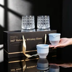 360° Spinning Whiskey Glass Set – 2 Crystal Glasses with Ice Ball Molds & Gift Box for Father’s Day | Stress-Relief Bourbon Scotch Glassware  for Men, Dad, Husband, Whiskey Lovers, Any Occasion