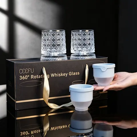 2-Piece 360° Rotating Premium Drinking Glasses Set - 280ml/9.57oz Snowflake Design Whiskey Cups with Ice Ball Molds, Gift Box - Festive Home Supplies for Bourbon Scotch Lovers