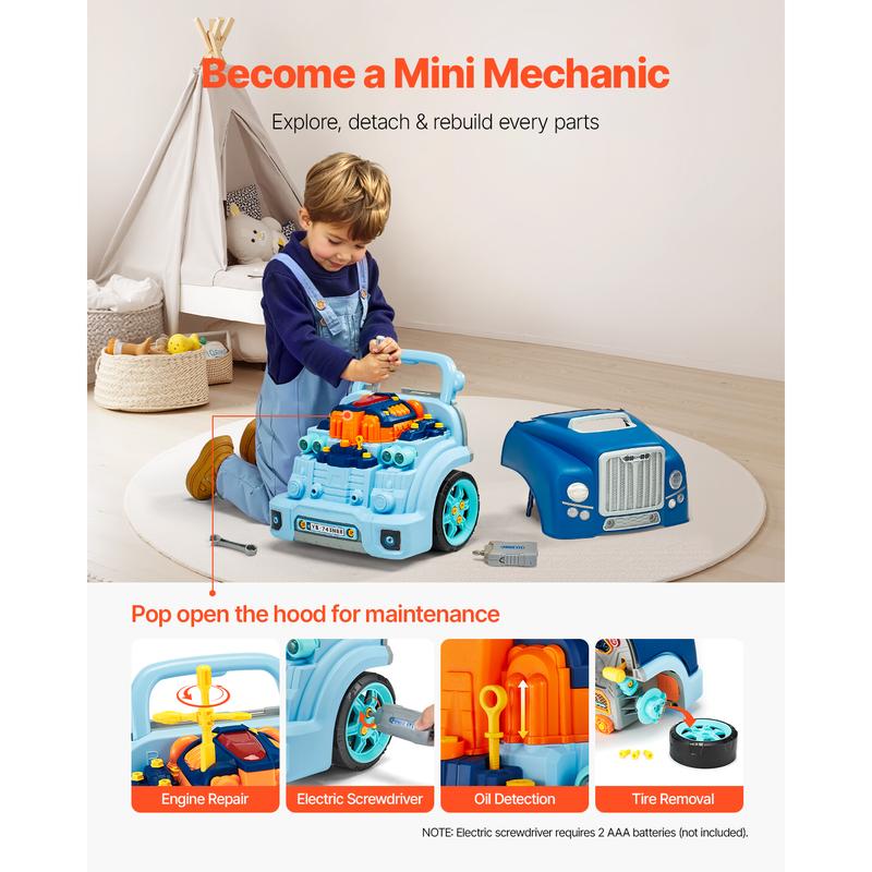 VEVOR Engine Toy, TikTokShopBlackFriday, 60 Pieces, Kids Mechanic Car Repair Set with Removable Parts, Lights and Sounds, Steering Wheel and Horn, Kids Mechanic Workshop Set for Toddler Ages 3 Years and Up, Blue