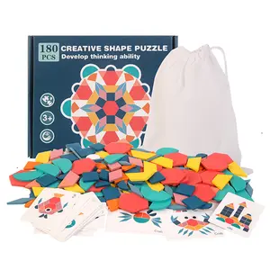 Wooden Creative Puzzle Toy Set, 180-Piece Geometric Shapes, Logic Thinking Game for Kids, Includes 24 Dual-Sided Cards & Storage Bag, Shape Recognition Puzzles