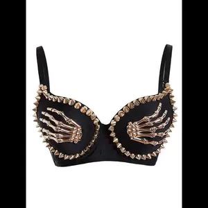 Black 1960s Gothic Punk Rivet Top with Skeleton Hand Detail – Women’s Lightweight