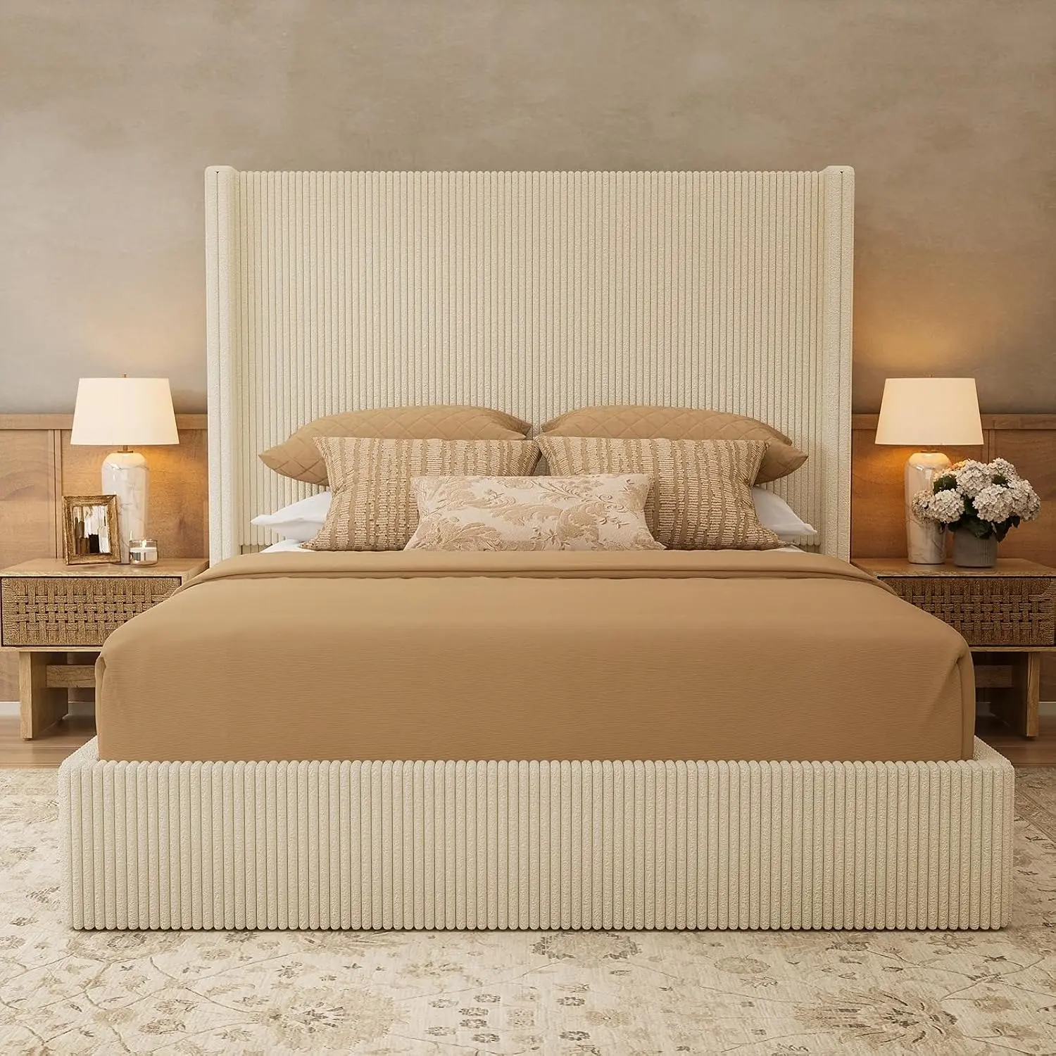 Bed Frame with Lift Up Storage, 51.2" Tall Headboard and Upholstered Wingback Platform Bed Frame, Hydraulic Support, No Box Spring Needed, Beige Corduroy