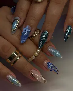 Ocean Press On Nails 3D Shark Turtle Starfish Seashell Design Blue Ombre Handmade Summer Beach Nail Set Luxury Art Nails