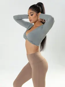 Women's Basic Solid Twist Crop Sports T-shirt, Long Sleeve Deep V Neck Slim Fit Sports Top, Sportswear Clothing for Indoor Outdoor Swinging Plate Gym, Workout Clothes