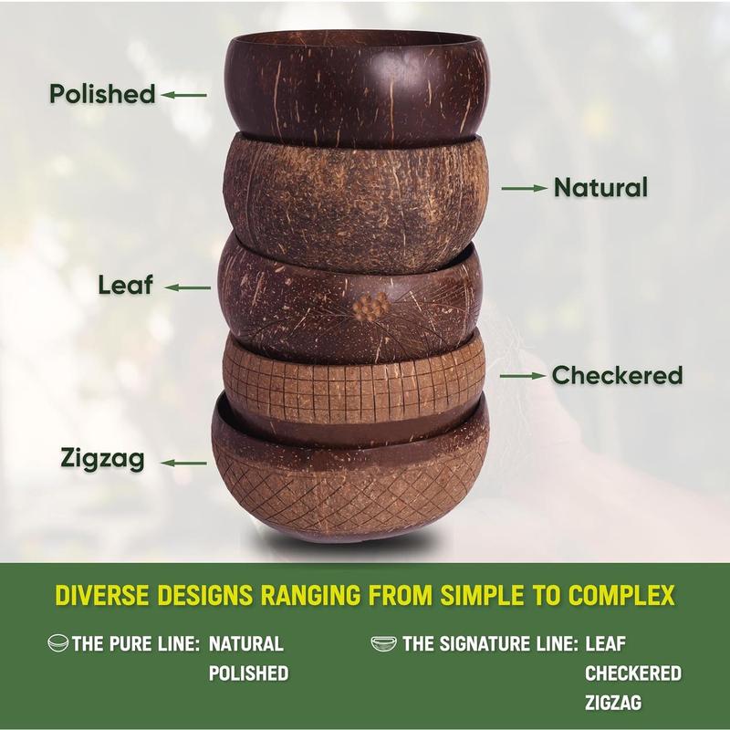 Coconut Bowl with Wooden Spoons and  Straw - Vegan , Made from   Coconut Shells for Smoothies, Acai & Buddha Bowls (4, Leaf)