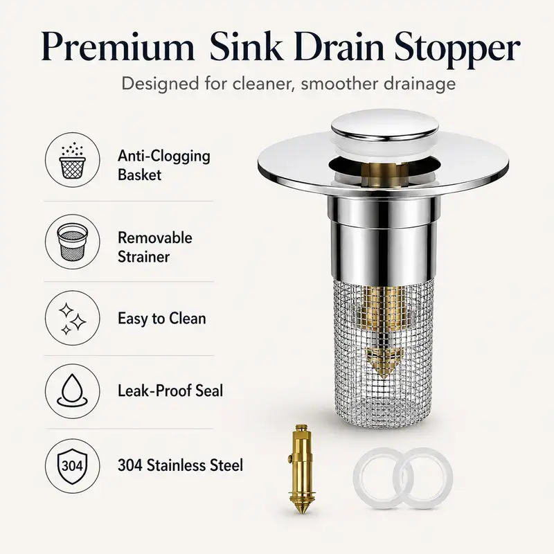 Universal Pop-Up Sink Drain Stopper – Stainless Steel Anti-Clog Hair Debris Filter, Easy Fit for Kitchen & Bathroom, Rust-Proof Durable Drain Protector for Household Sinks