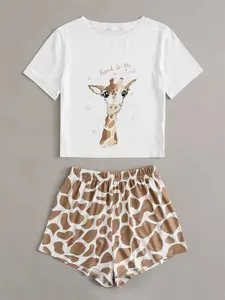 Summer Two-Piece Cute Giraffe Print Pajama Set, Women's Short Sleeve Top & Leopard Pattern Shorts, Soft Lightweight Homeewear