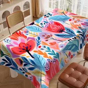 Polyester Tablecloth, Spring Summer Floral Table Cover, Colorful Abstract Flower Design, Reusable Rustic Decor for Picnic Party Restaurant Home