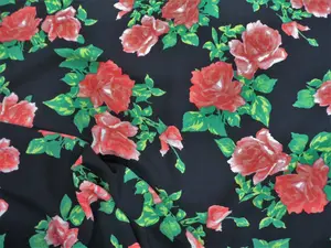 Challis Rayon Apparel Fabric Red Green Black Rose Floral F400