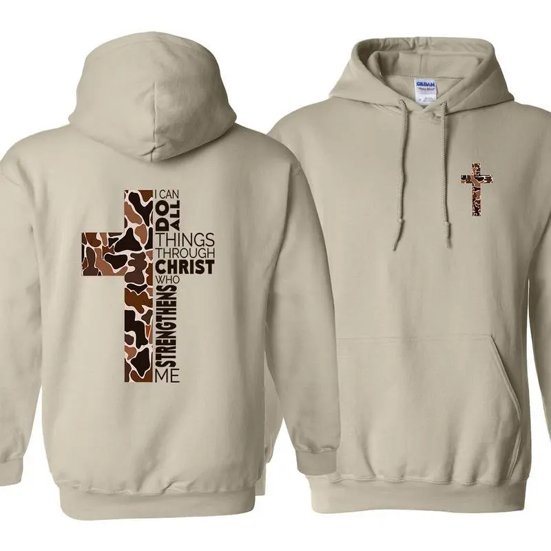 Gildan Unisex Old School Camo Graphic Hoodie - 2-Sided Bible Verse "I Can Do All Things Through Christ", Long Sleeve Menswear Tops Sweatshirt