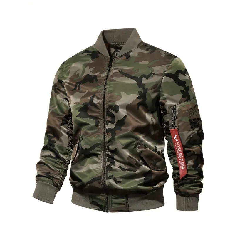 Men's Lightweight Baseball Collar Bomber Jacket in Woven Polyamide Fabric, a Full-Zip Menswear Top with Pockets for Outdoor Activities