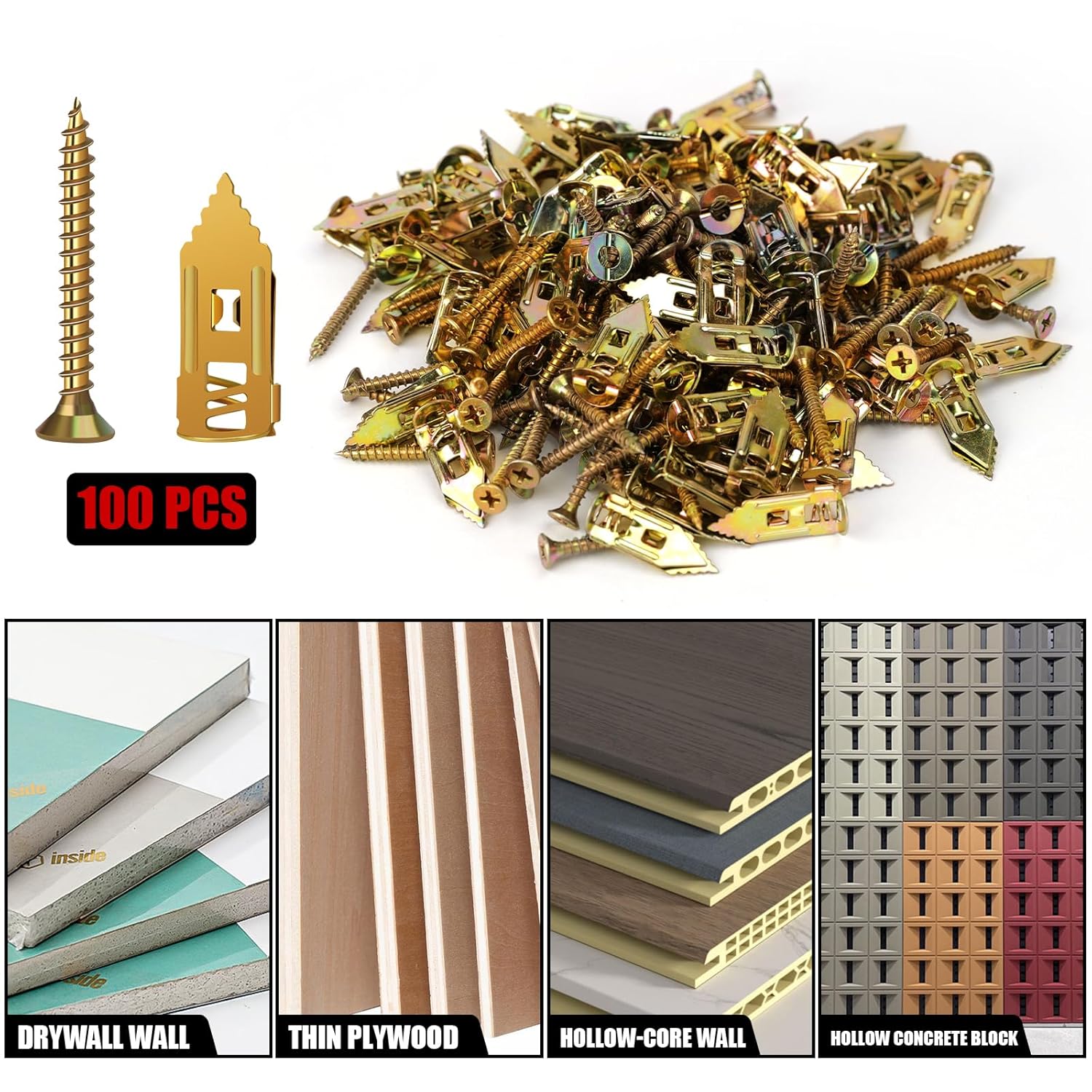 120 Pcs Self Drilling Drywall Anchors with Screws Kit, 3 Sizes Premium Zinc-Plated Manganese Steel Expansion Screws, No Pre-Drilling for Hollow Walls, Holds 100+ lbs for Shelves, TV, Cabinets Set Self-Drilling