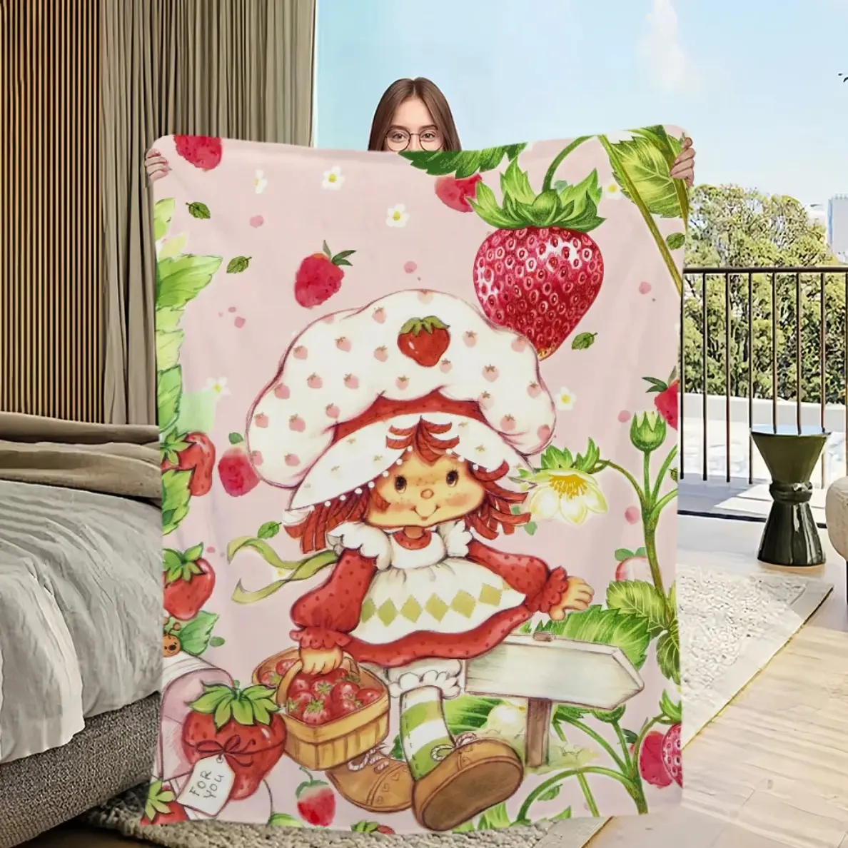 Cute S-Strawberry S-Shortcake Blanket Skin friendly comfort warm soft plush blanket suitable sofa living room office bedroom---Warm Haven Textiles