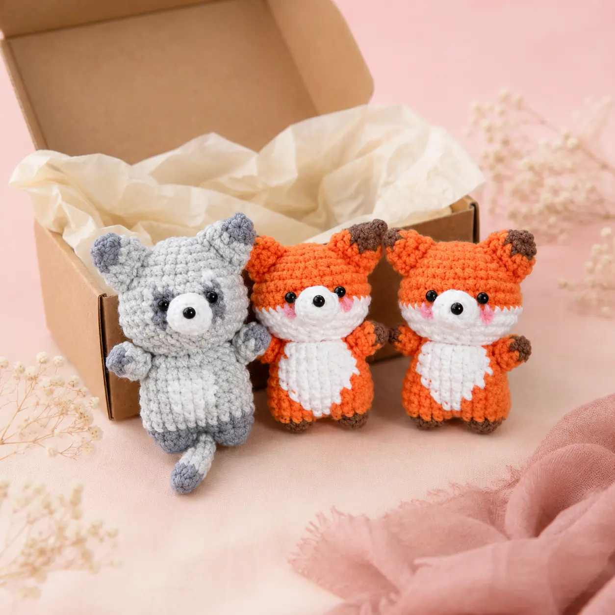 Handmade Mini Crochet Fox Plush Set – 3-Piece Orange & Gray Fox Amigurumi Dolls, Cute Woodland Stuffed Animals, Fox Lover Gift