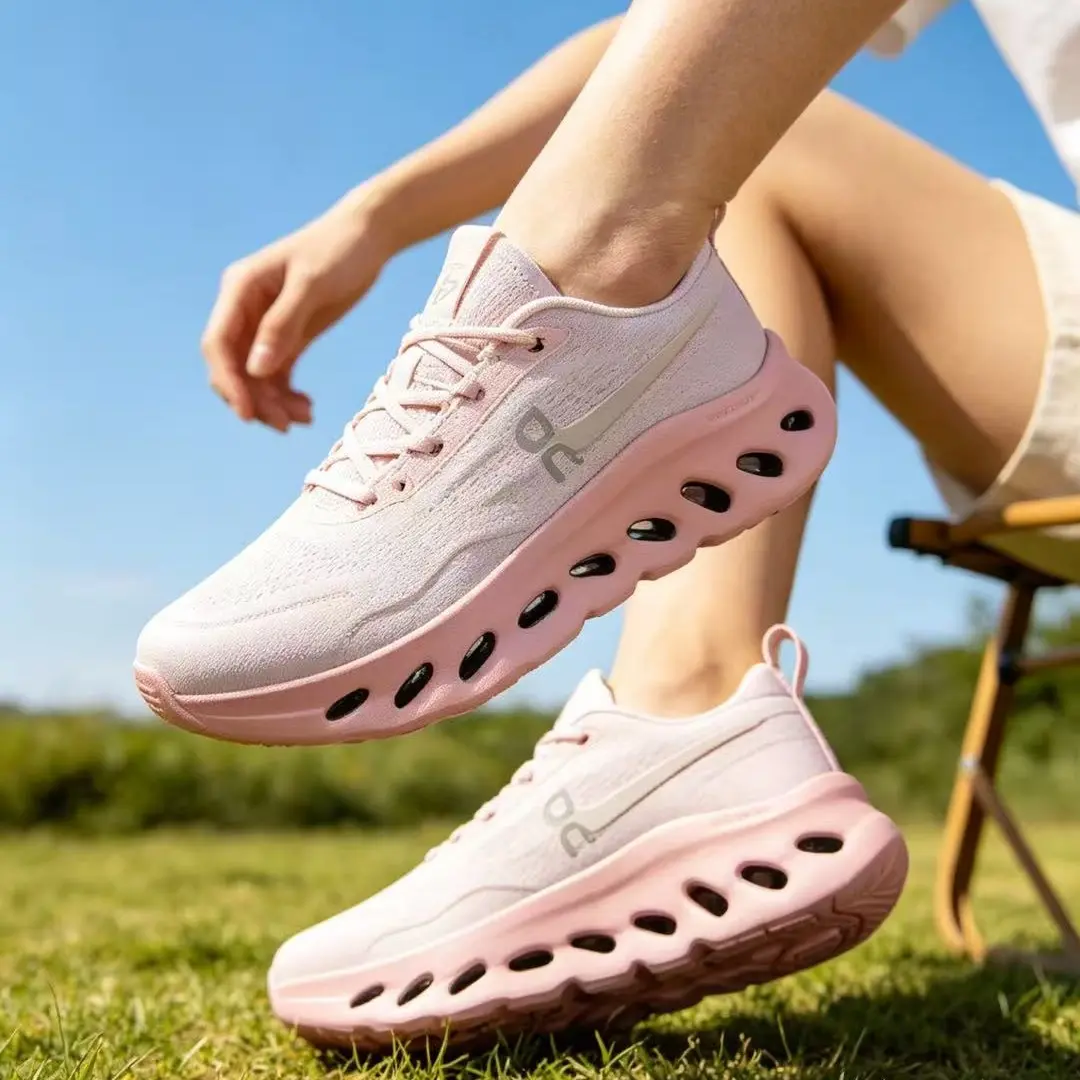 Gradient Fine Textured Stretch Knit Low Top Athletic Shoes Pale Blush Pink Monochrome Wavy Perforated Hollow Thick Midsole Minimal Silver Emblem Slip-On No-Tie Lightweight Breathable Urban Walking Sneakers With Full Original Box
